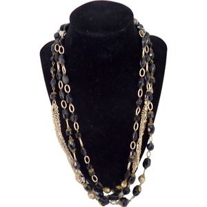 German MCM Black Glass Beaded Gold Tone Wings Clasp Chain 3-Strand VTG Necklace
